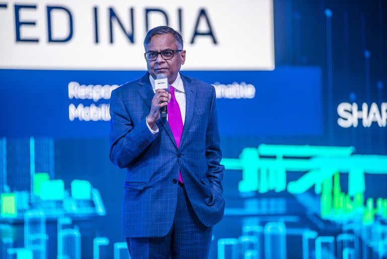 GREATER NOIDA, INDIA - FEBRUARY 5: Natarajan Chandrasekaran, Chairman of Tata Sons, Tata Motors and JLR, speaks at Auto Expo 2020, on February 5, 2020, in Greater Noida, India. (Photo by Pradeep Gaur/Mint via Getty Images)