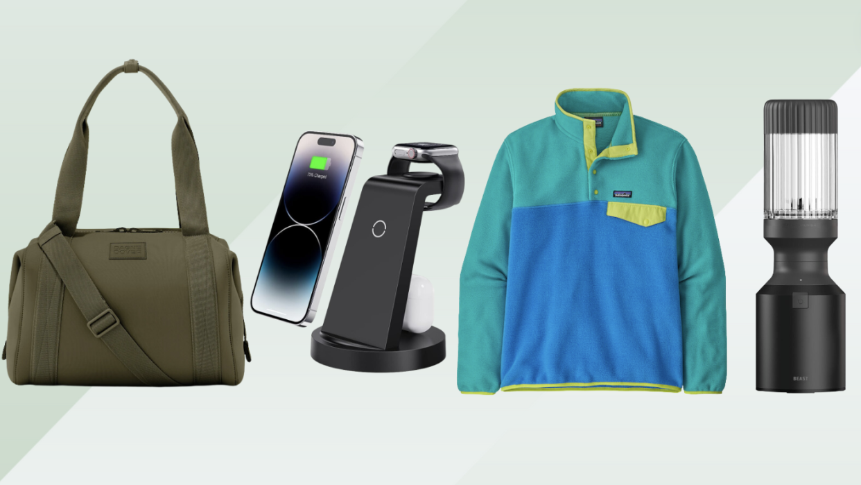 A duffel bag, a three-in-one charger, a fleece pullover and a mini blender.