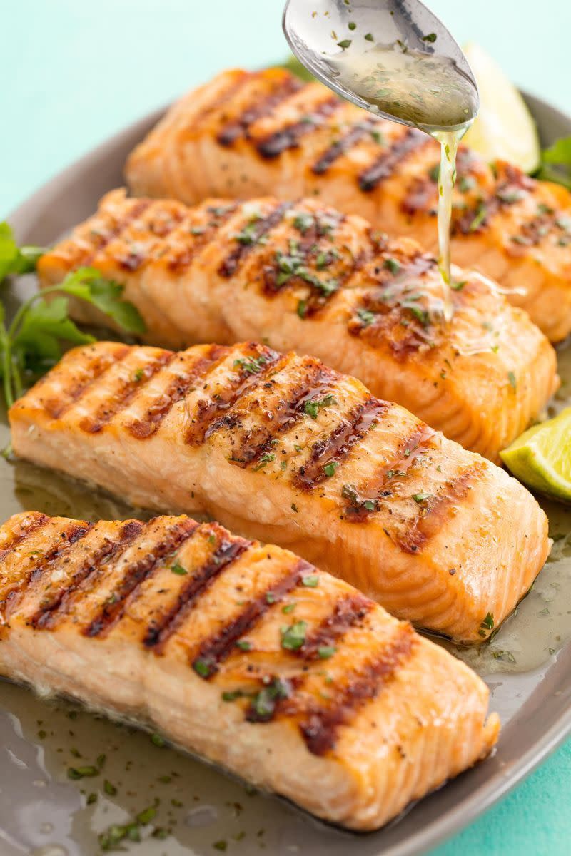 <p>Coriander and lime are the ultimate combo!</p><p>Get the <a href="https://www.delish.com/uk/cooking/recipes/a29844282/best-grilled-salmon-fillets-recipe/" rel="nofollow noopener" target="_blank" data-ylk="slk:Coriander Lime Grilled Salmon;elm:context_link;itc:0;sec:content-canvas" class="link ">Coriander Lime Grilled Salmon</a> recipe.</p>