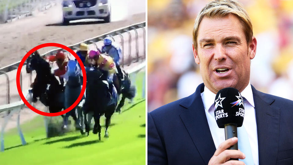 Sacred Oath, part owned by Shane Warne, was involved in a terrifying accident during the meet at the Ipswich Turf Club on Wednesday. Pictures: Thoroughbred Central/Getty Images