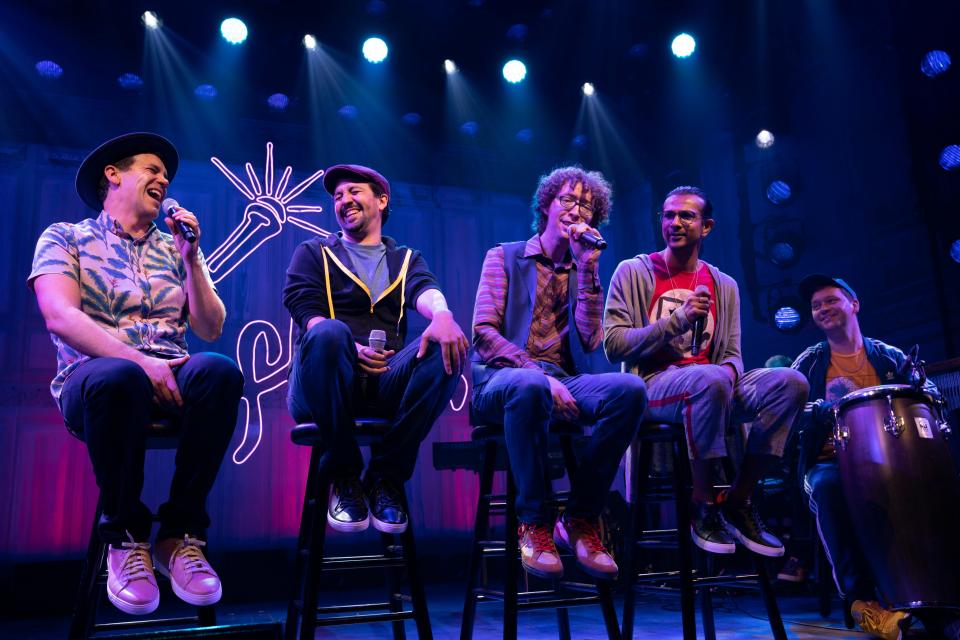 Anthony Veneziale, from left, Lin-Manuel Miranda, Arthur Lewis, Utkarsh Ambudkar, and Chris Sullivan in "Freestyle Love Supreme" at the Booth Theatre.
