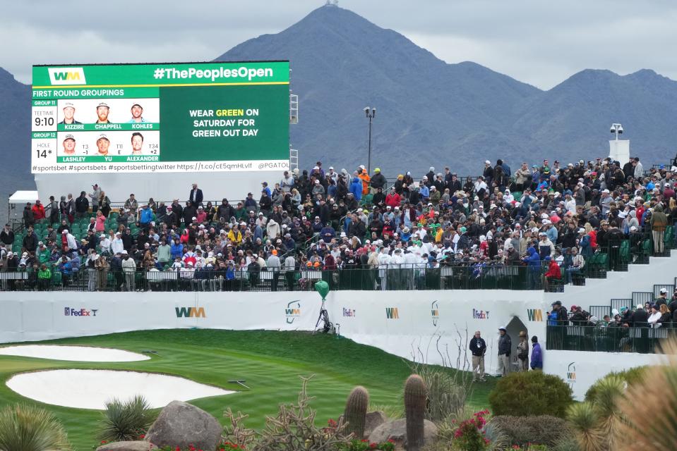 Fans watch from the stands on the 16th hole during the 2024 Phoenix Open at TPC Scottsdale.