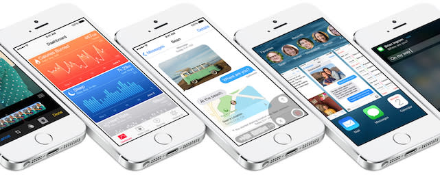 iOS 8 features on a row of iPhones