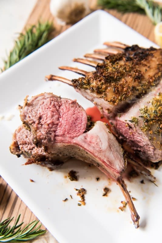 <p>House of Nash Eats</p><p>This rosemary and garlic oven-roasted lamb is a perfect centerpiece for an elegant holiday dinner without requiring any fussy or difficult skills! Juicy, tender, and perfectly cooked to a medium-rare with a crusty exterior made with garlic, herbs, and lemon zest, this is one of the best cuts of lamb and makes an easy and impressive main dish for entertaining!</p><p><strong>Get the recipe: </strong><strong><a href="https://houseofnasheats.com/rosemary-garlic-oven-roasted-rack-of-lamb/" rel="nofollow noopener" target="_blank" data-ylk="slk:Oven Roasted Rack of Lamb;elm:context_link;itc:0;sec:content-canvas" class="link rapid-noclick-resp">Oven Roasted Rack of Lamb</a></strong></p>