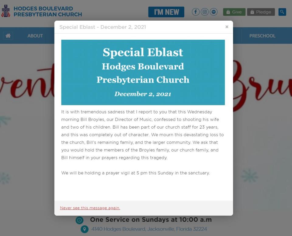 Hodges Boulevard Presbyterian Church releases a statement on Bill Broyles.
