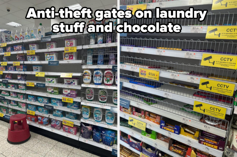 Supermarket shelves before and after restocking, some items still missing, CCTV signs visible