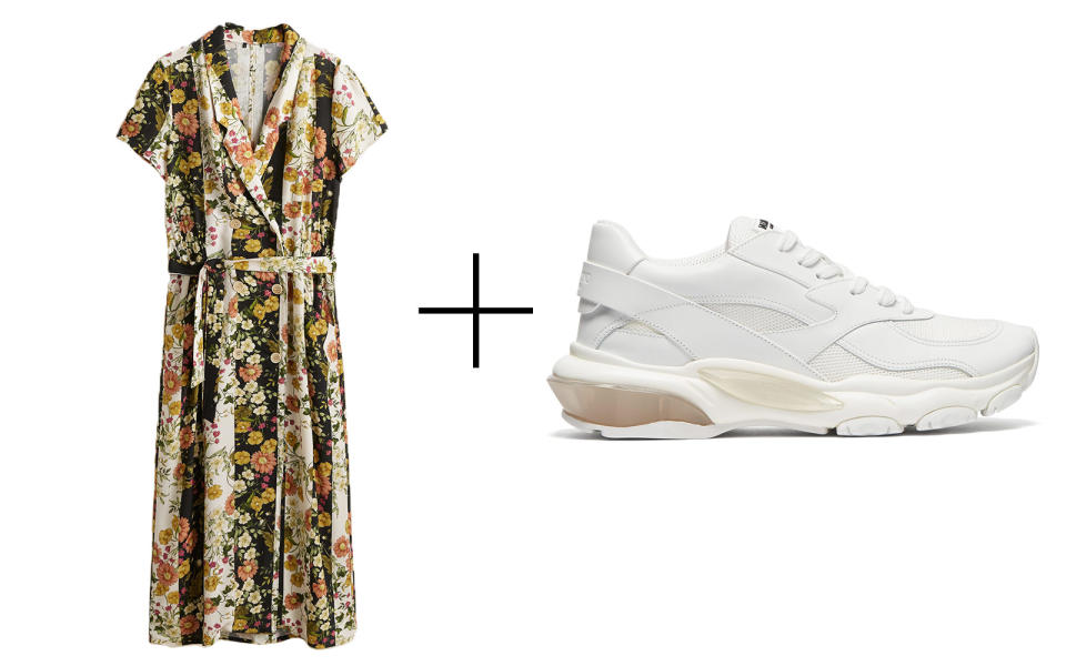 Mango Floral Vintage Dress & Valentino 'Bounce' Low-top Leather Trainers