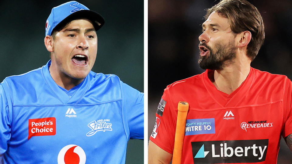 Adelaide's Matthew Renshaw and Melbourne Renegades' Kane Richardson were involved in an ugly war of words during Tuesday night's BBL clash. Pictures: Getty Images