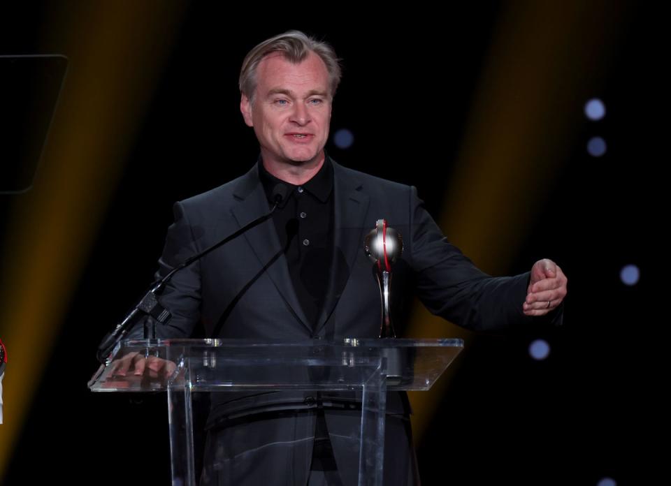 las vegas, nevada april 27 christopher nolan accepts the national association of theatre owners spirit of the industry award during the cinemacon big screen achievement awards at the colosseum at caesars palace during cinemacon, the official convention of the national association of theatre owners, on april 27, 2023 in las vegas, nevada photo by gabe ginsbergwireimage