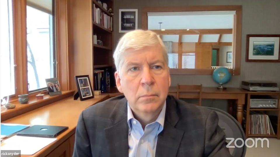 Former Michigan governor Rick Snyder appears at a hearing regarding his role in the Flint Water Crisis on Tuesday, Jan. 19, 2021 at the 67th District Court in Genesee County. Snyder is charged with two counts of willful neglect of duty, a misdemeanor.