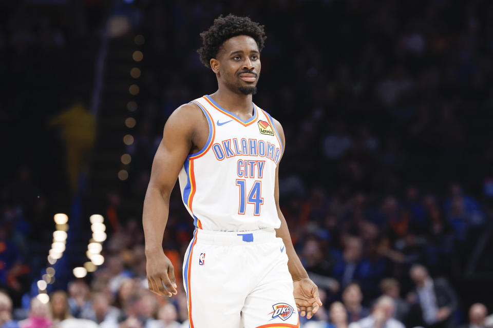 Feb 23, 2024; Oklahoma City, Oklahoma, USA; Oklahoma City Thunder forward Adam Flagler (14) enters the game against the Washington Wizards during the second half at Paycom Center. Mandatory Credit: Alonzo Adams-USA TODAY Sports