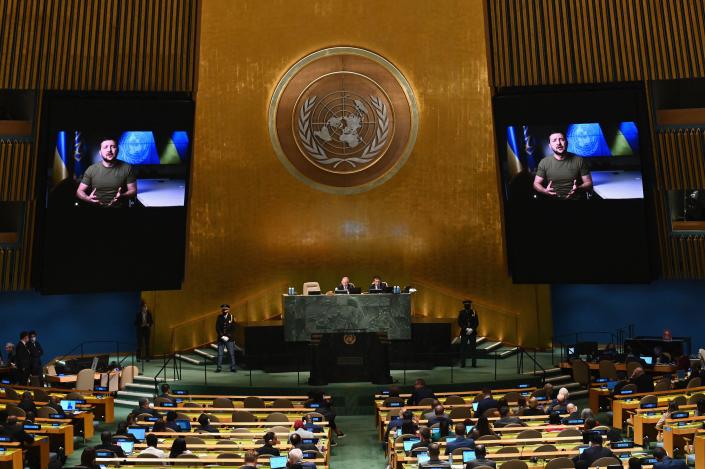 Ukrainian President Volodymyr Zelenskyy is seen on screen as he remotely addresses the 77th session of the United Nations General Assembly at U.N. Headquarters in New York City on Sept. 21, 2022. / Credit: ANGELA WEISS/AFP via Getty Images