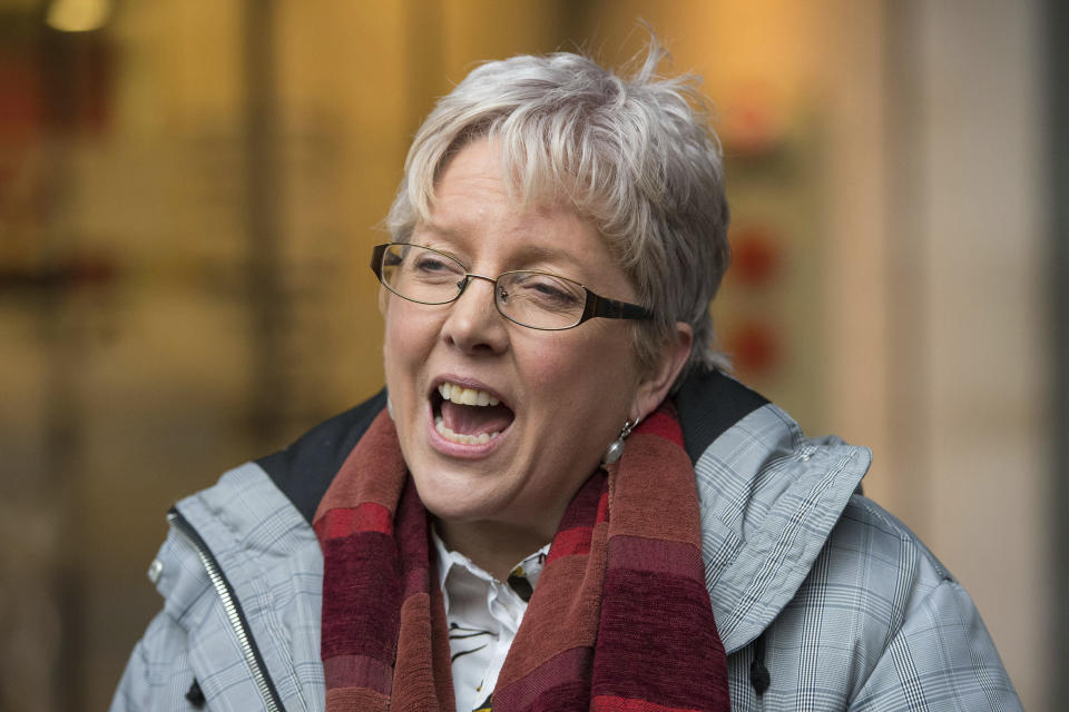 BBC's China editor Carrie Gracie speaks to the media outside BBC Broadcasting House in London, Monday Jan. 8, 2018. The BBC's China editor has resigned her position in Beijing in protest over what she called a failure to sufficiently address a gap in compensation between men and women at the public broadcaster. Carrie Gracie's departure is the latest aftershock from the public corporation's forced publication last year of pay levels for its top earners that showed two-thirds of those in the top bracket were men. (Dominic Lipinski/PA via AP)