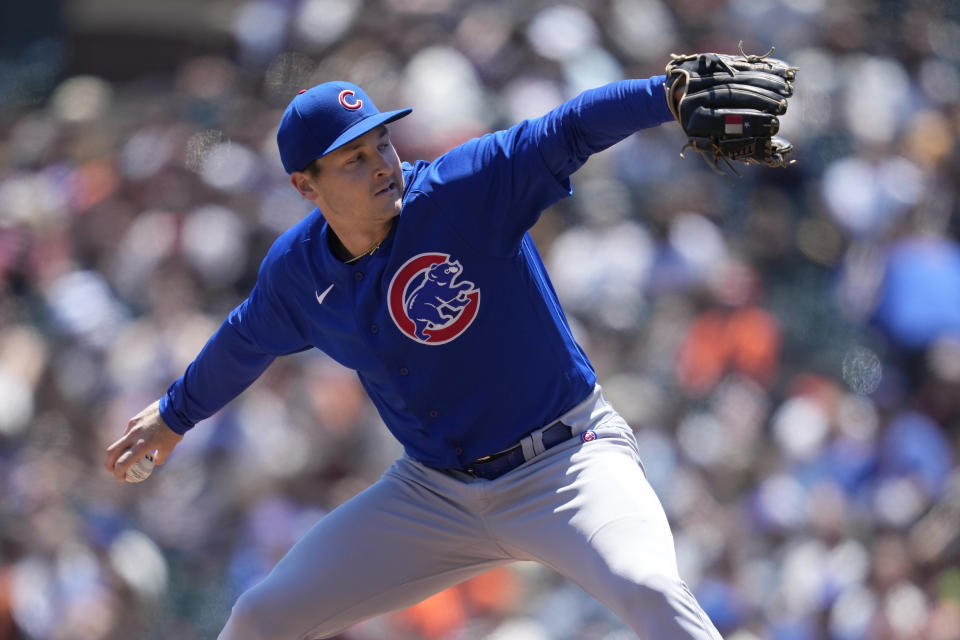 Chicago Cubs pitcher Hayden Wesneski works against the San Francisco Giants during the first inning of a baseball game in San Francisco, Sunday, June 11, 2023. (AP Photo/Jeff Chiu)