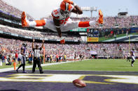 <p>Tight end David Njoku #85 of the Cleveland Browns celebrates his touchdown against the Baltimore Ravens in the second quarter at M&T Bank Stadium on September 17, 2017 in Baltimore, Maryland. (Photo by Rob Carr /Getty Images) </p>