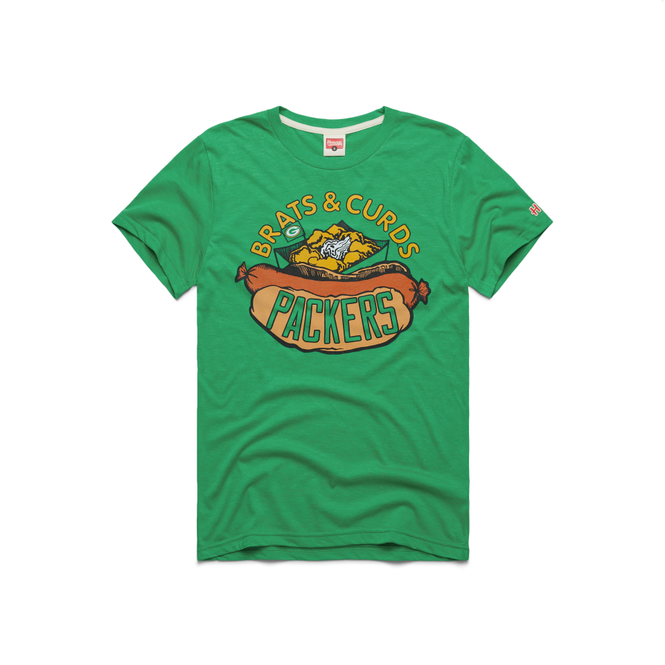 The Green Bay Packers T-shirt in the new collection of NFL x Flavortown T-shirts from Guy Fieri and Homage features brats and curds. What do you think, did they get it right?