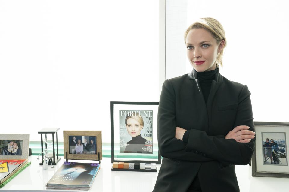 This image released by Hulu shows Amanda Seyfried as Elizabeth Holmes in the Hulu series "The Dropout." (Beth Dubber/Hulu via AP)