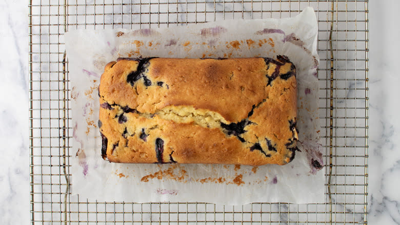 blueberry bread on wire rack