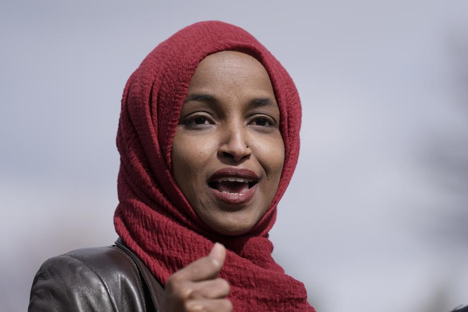 Congresswoman Ilhan Omar, D-Minn., speaks Tuesday, April 20, 2021, in Brooklyn Center, Minn., during a news conference at the site of the fatal shooting of Daunte Wright by a police officer during a traffic stop. (Morry Gash/AP)