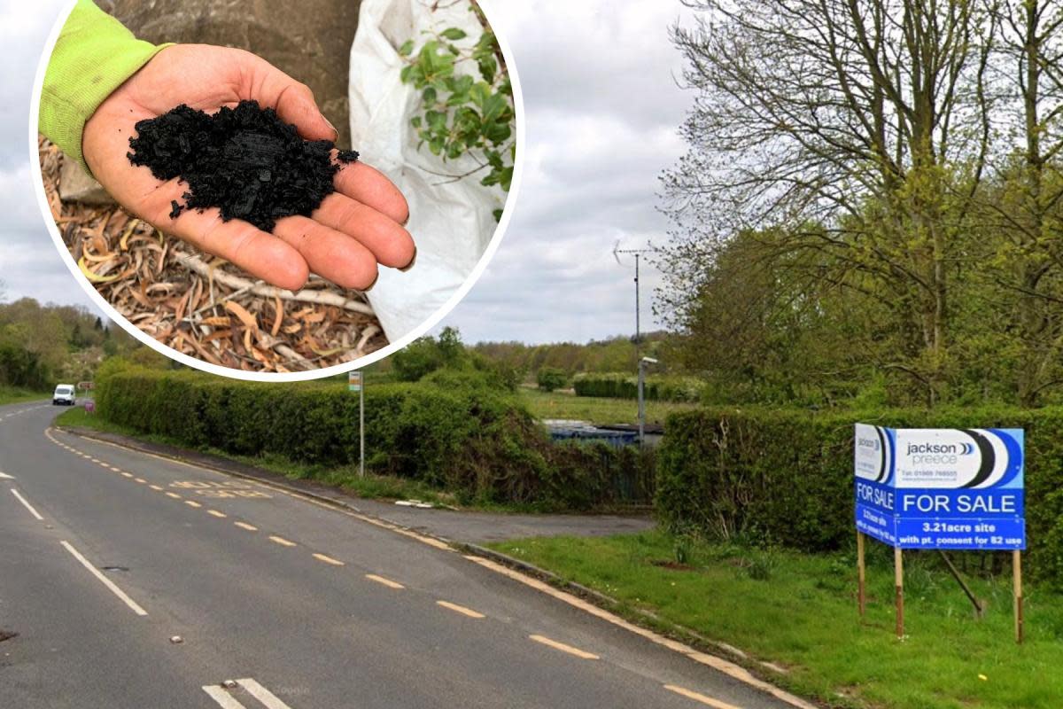 The Marlbrook site, which was recently on the market and inset, finished biochar <i>(Image: Google Street View; Terri Dux, public domain)</i>