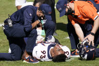 Denver Broncos defensive end Dre'Mont Jones (93) is tended to by team trainers after being injured during the second half of an NFL football game against the Pittsburgh Steelers, Sunday, Sept. 20, 2020, in Pittsburgh. (AP Photo/Keith Srakocic)