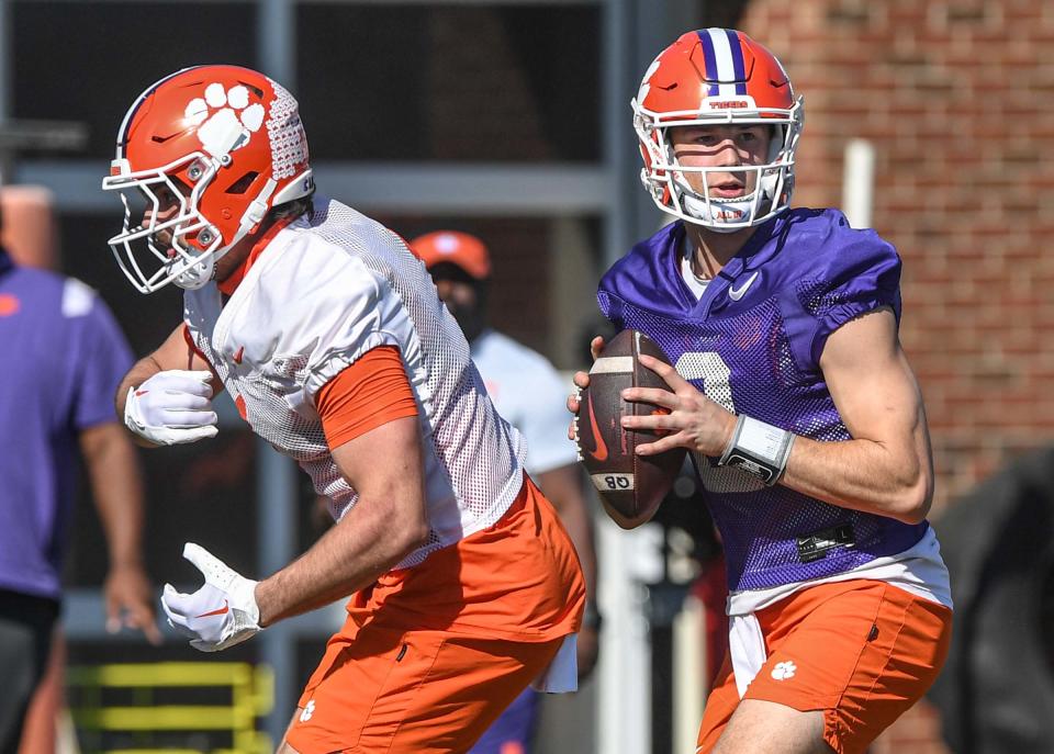 Clemson quarterback Cade Klubnik (2) looks to pass near running back Will Shipley (1) during the second day of spring practice at the football Complex in Clemson, SC Tuesday, March 7, 2023.