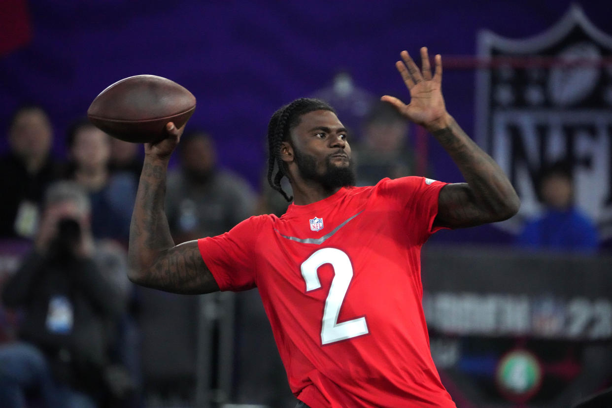 Feb 2, 2023; Henderson, NV, USA; Baltimore Ravens quarterback Tyler HJuntley (2) throws during the Pro Bowl Skills competition at the Intermountain Healthcare Performance Facility. Mandatory Credit: Kirby Lee-USA TODAY Sports