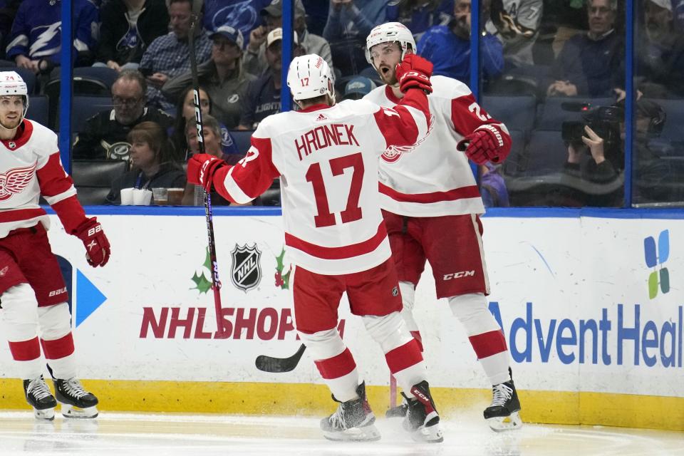 Red Wings center Michael Rasmussen, right, celebrates his goal against the Lightning with defenseman Filip Hronek during the second period on Tuesday, Dec. 6, 2022, in Tampa, Florida.