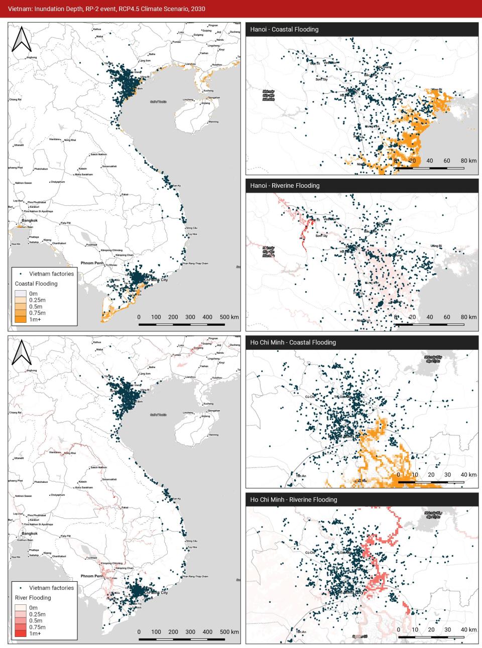 Figure 2. Coastal and riverine/rainfall inundation levels for 2030 in Hanoi and Ho Chi Minh City, Vietnam.