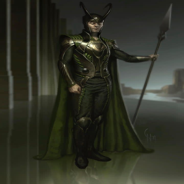 Illustration of Loki in armor, with a cape, his horned helmet, and holding a spear
