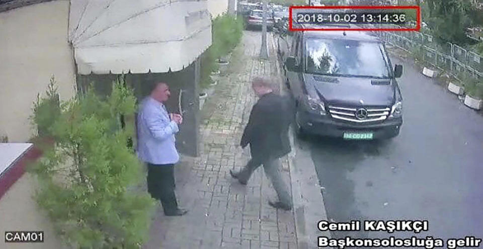 This image taken from CCTV video obtained by the Turkish newspaper Hurriyet and made available on Oct. 9 claims to show Saudi journalist Jamal Khashoggi entering the Saudi consulate in Istanbul Oct. 2.<i></i> (Photo: CCTV via Hurriyet / Associated Press)