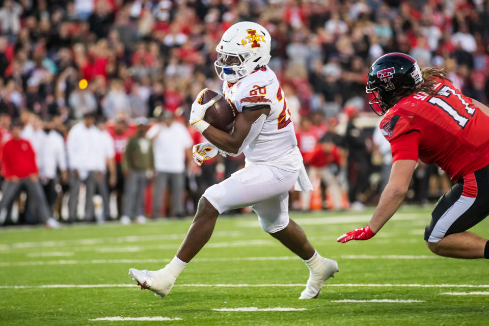 Running back Breece Hall #28 of the Iowa State Cyclones is the top running back in the NFL draft