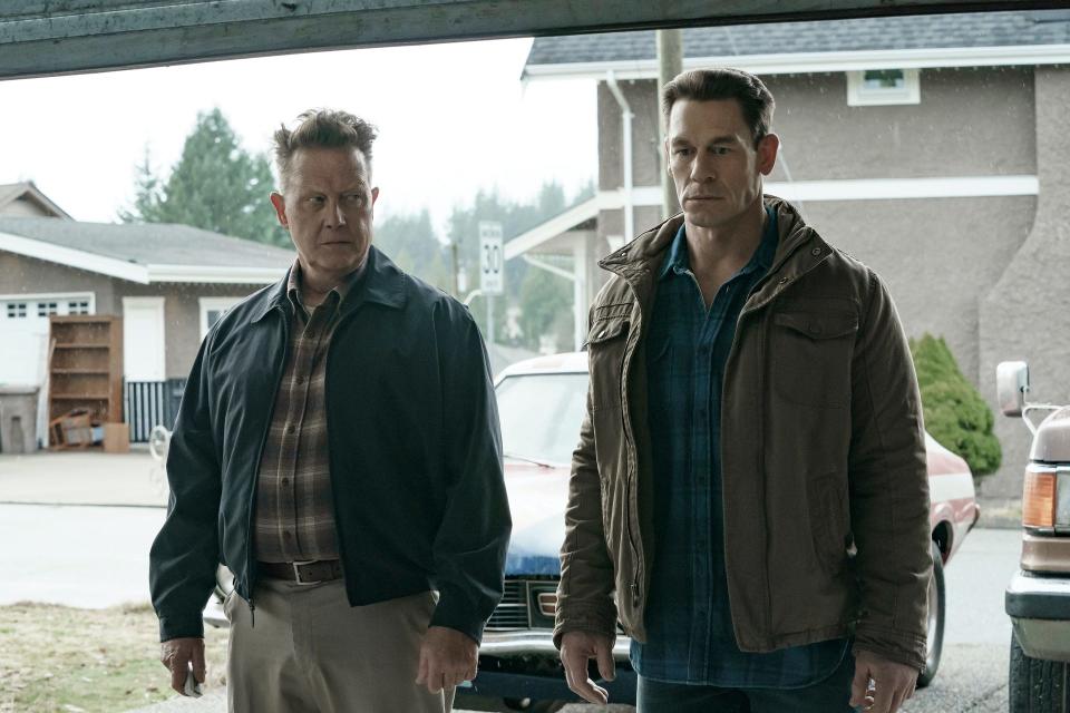 Auggie Smith (Robert Patrick, left) is brutal and cruel to his son Christopher (John Cena) in "Peacemaker."