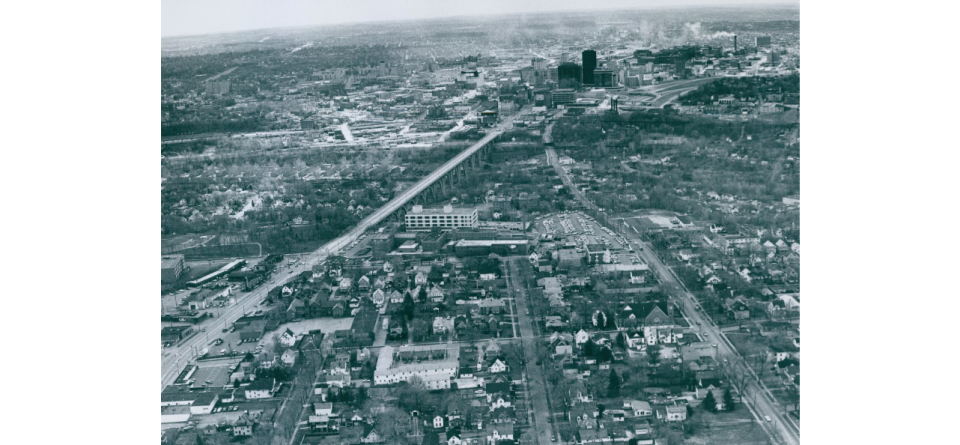 This 1978 aerial view shows North Hill in the foreground and downtown Akron in the background. That's North Main Street and the soon-to-be-demolished viaduct on the left and North Howard Street on the right. St. Thomas Hospital is the large complex in the middle.