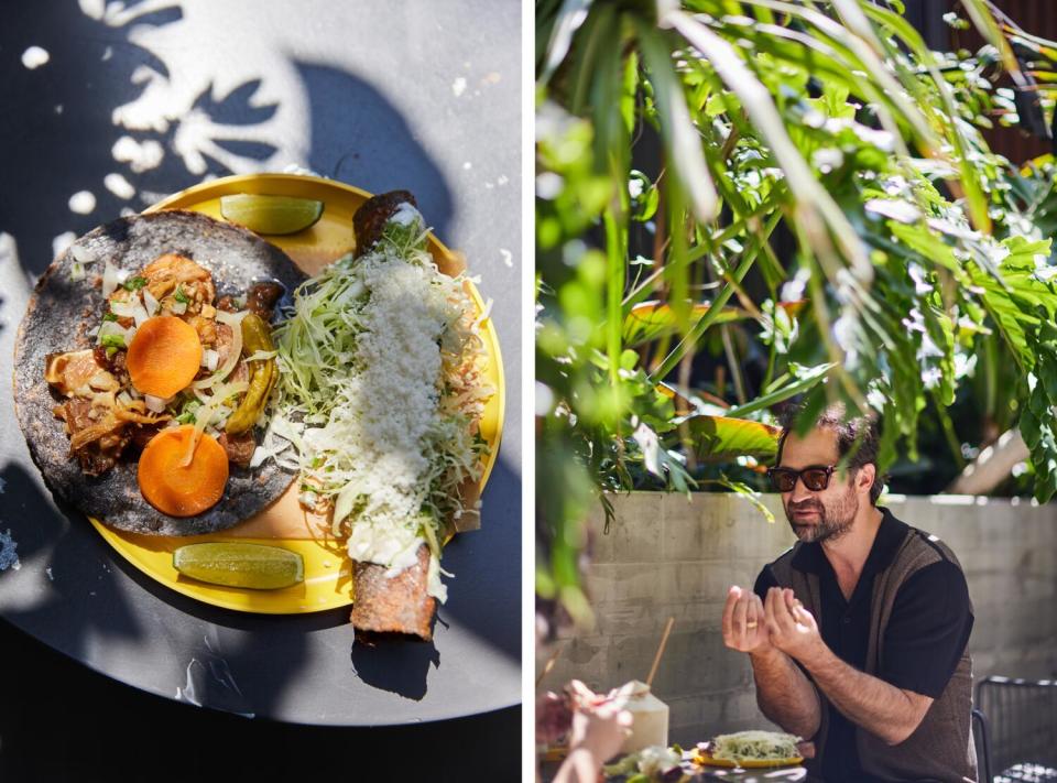 Two photos: a flauta on a yellow plate and Manuel Garcia-Rulfo seated outdoors, partially obscured by greenery.