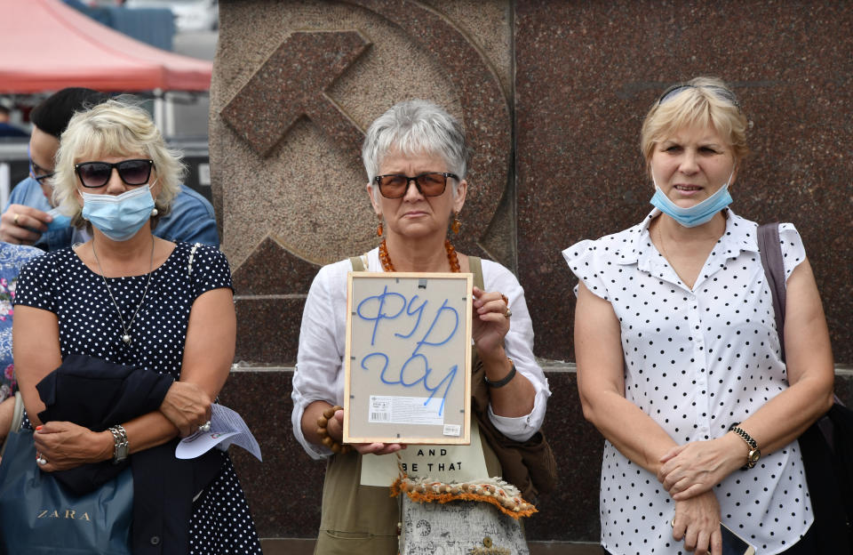 VLADIVOSTOK, RUSSIA - JULY 18, 2020: A woman holds reading "Furgal" during a rally in support of Khabarovsk Territory Governor Furgal recently taken into police custody over allegations of involvement in murders. Yuri Smityuk/TASS (Photo by Yuri Smityuk\TASS via Getty Images)