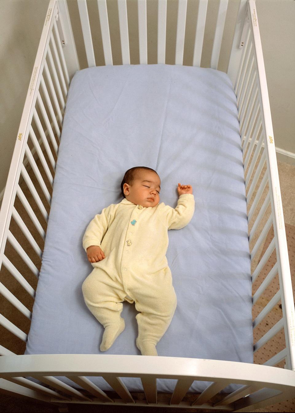 This photo illustrates a safe sleep environment for a baby, in which the risks of Sudden Infant Death Syndrome (SIDS) and other sleep-related causes of infant death are low. Baby is sleeping on its back on a firm sleep surface; and there are no crib bumpers, pillows, blankets, loose bedding, or toys are in the sleep area.
