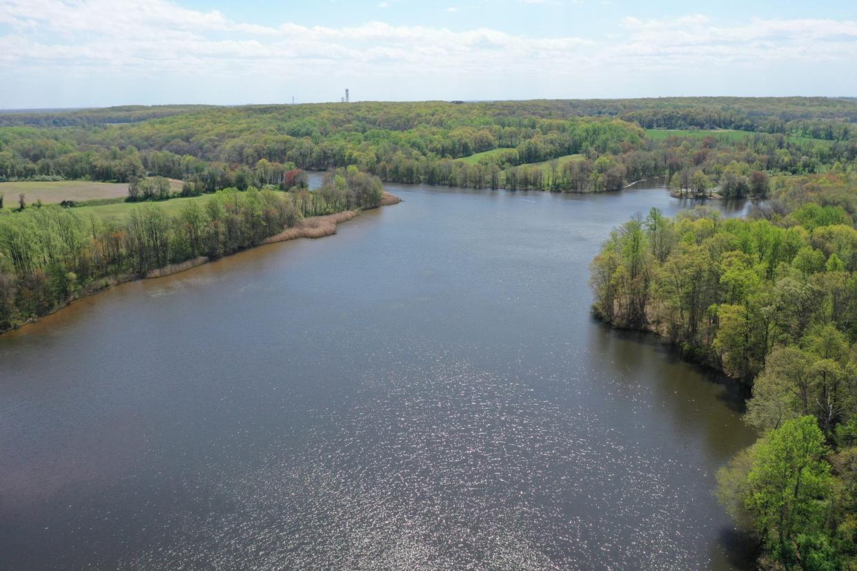 An aerial view of the 225-acre Assunpink Lake within the larger Assunpink Wildlife Management Area in western Monmouth County, which consists of 6,393 acres of fields, hedgerows, woods and wetlands.