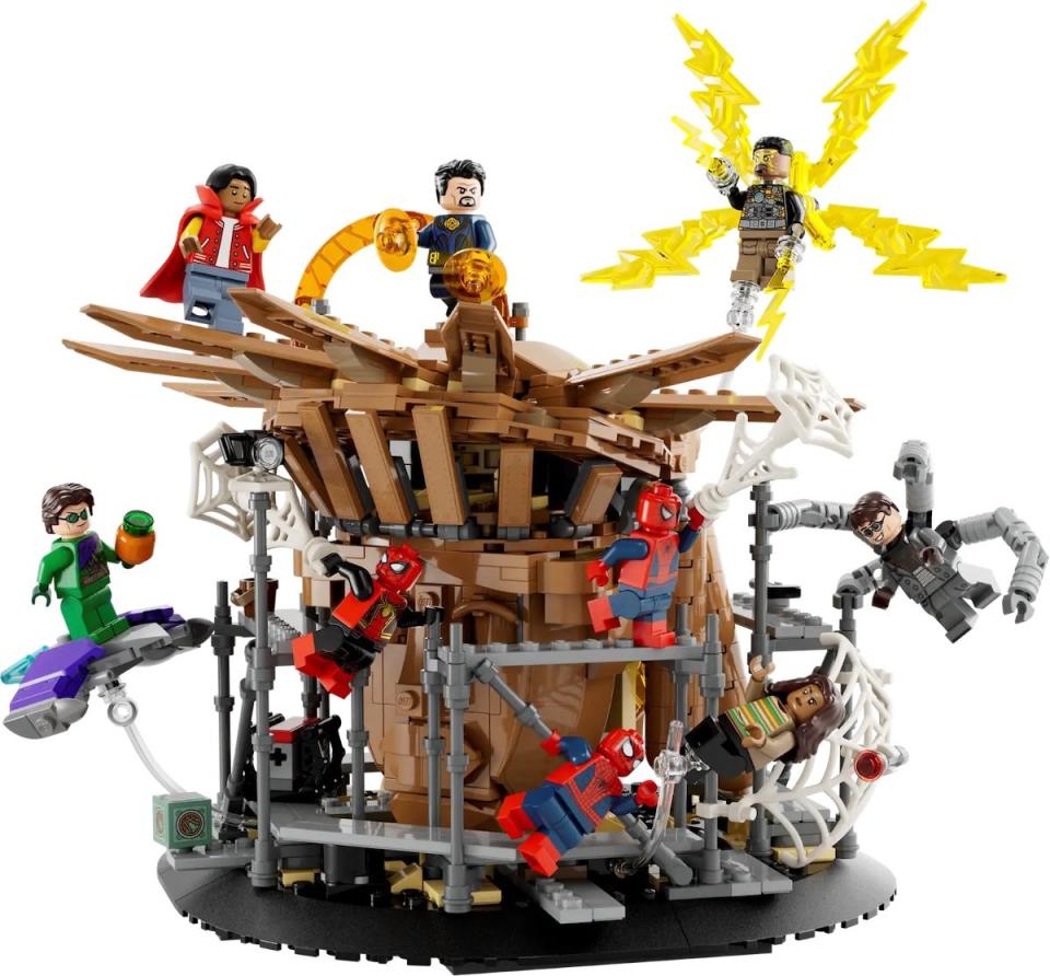 LEGO's Spider-Man: No Way Home playset fully on display with all minifigs