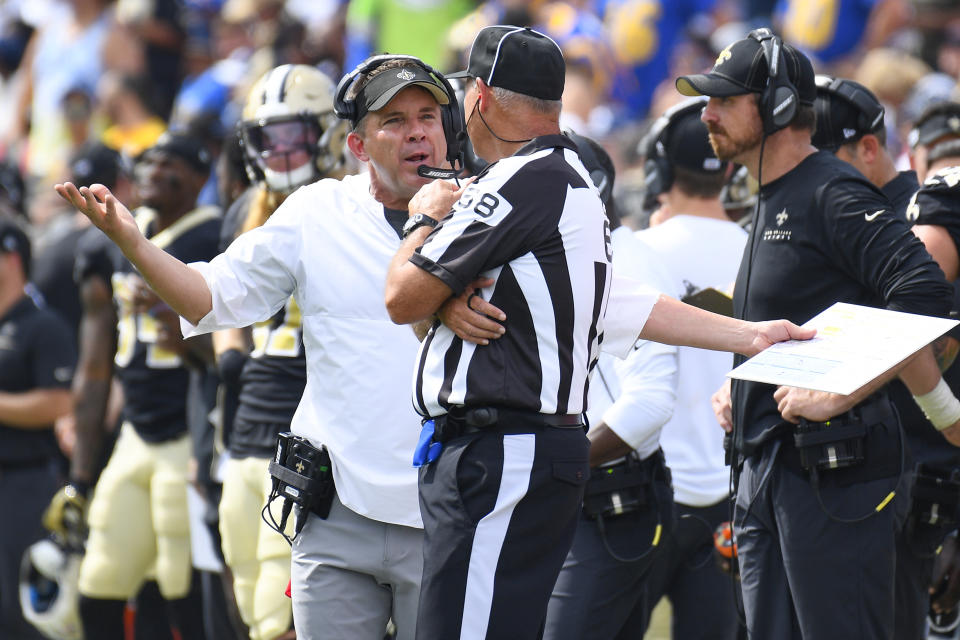 LOS ANGELES, CA - SEPTEMBER 15: Saints head coach Sean Payton argues with an referee during an NFL game between the New Orleans Saints and the Los Angeles Rams on September 15, 2019, at the Los Angeles Memorial Coliseum in Los Angeles, CA. (Photo by Brian Rothmuller/Icon Sportswire via Getty Images)