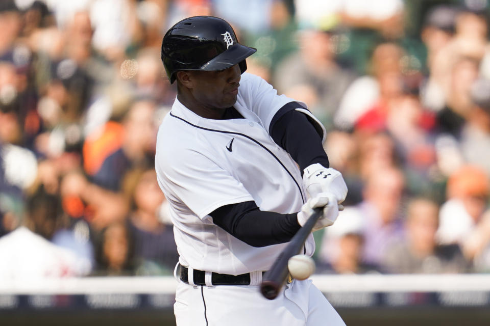 Detroit Tigers' Jonathan Schoop hits a two-run single against the Chicago White Sox in the fifth inning of a baseball game in Detroit, Saturday, July 3, 2021. (AP Photo/Paul Sancya)