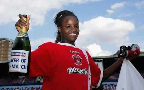 Eniola Aluko of Charlton celebrates winning player of the match and winning the Women's FA Cup Final match between Charlton and Everton - Credit: Getty Images