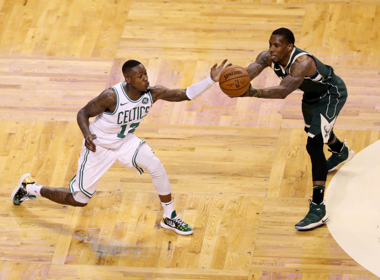 Celtics guard Terry Rozier showed up to TD Garden on Monday night rocking a Patriots Drew Bledsoe jersey, getting the last laugh in his feud with Bucks guard Eric Bledsoe. (Getty Images)