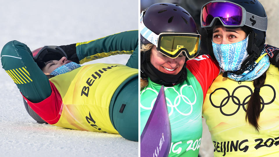 Australian star Belle Brockhoff was emotional in interviews after finishing fourth in the snowboard cross at the Beijing Winter Olympics. Pictures: Getty Images