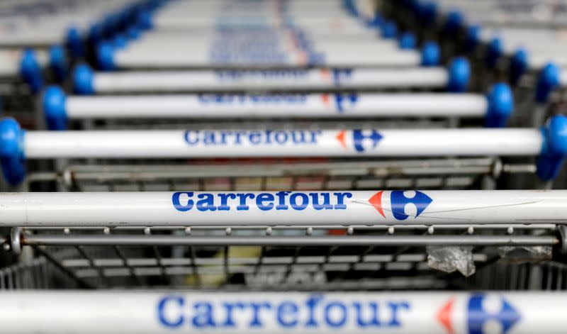 FILE PHOTO: The logo of French retailer Carrefour on shopping trolleys in Sao Paulo