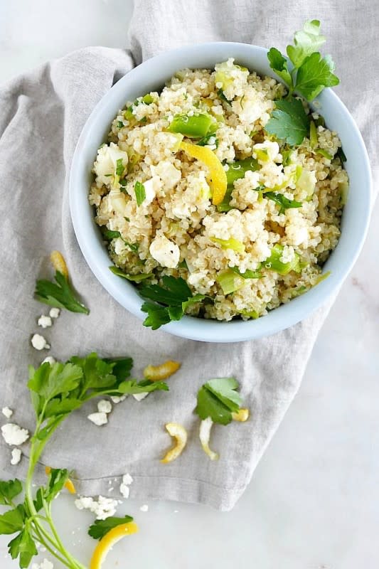 <p>It's a Veg World After All</p><p>This flavorful recipe includes lemon braised leeks and quinoa with fresh feta cheese— a perfect side dish for any occasion!</p><p><strong>Get the recipe: <a href="https://itsavegworldafterall.com/lemon-braised-leeks-and-quinoa-salad/" rel="nofollow noopener" target="_blank" data-ylk="slk:Lemon Braised Leeks and Quinoa Salad;elm:context_link;itc:0;sec:content-canvas" class="link "><em>Lemon Braised Leeks and Quinoa Salad</em></a></strong></p>