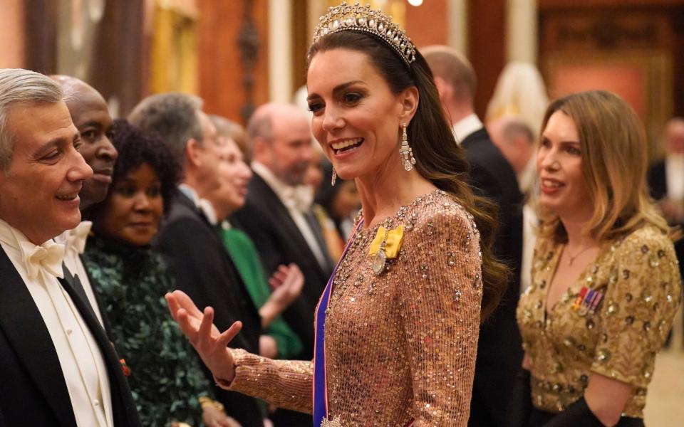 The Princess of Wales at an evening reception for members of the Diplomatic Corps at Buckingham Palace in London