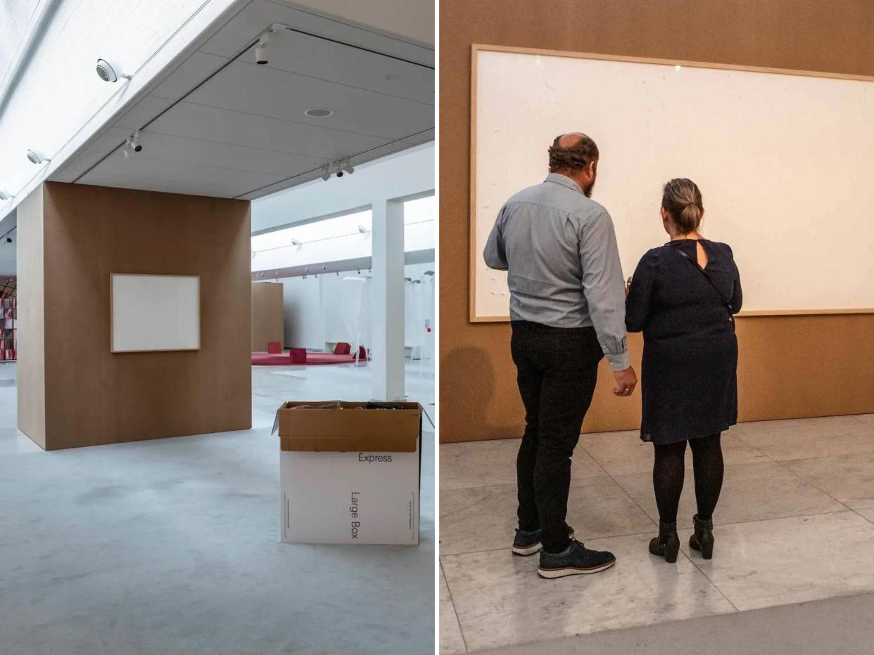 A composite image of an empty canvas displayed at a Museum and two people looking at an empty canvas.