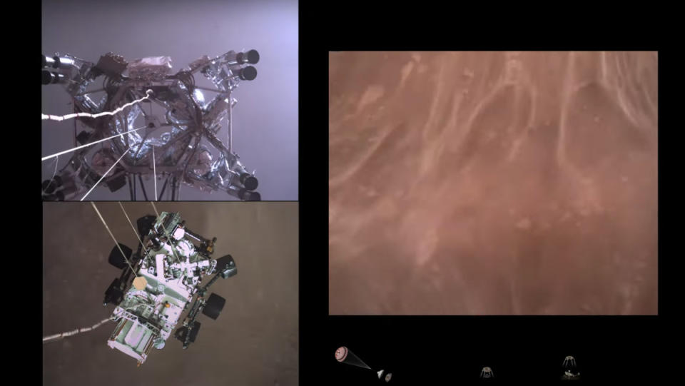 Images of the Perseverance rover and the Mars surface from a video released by NASA.