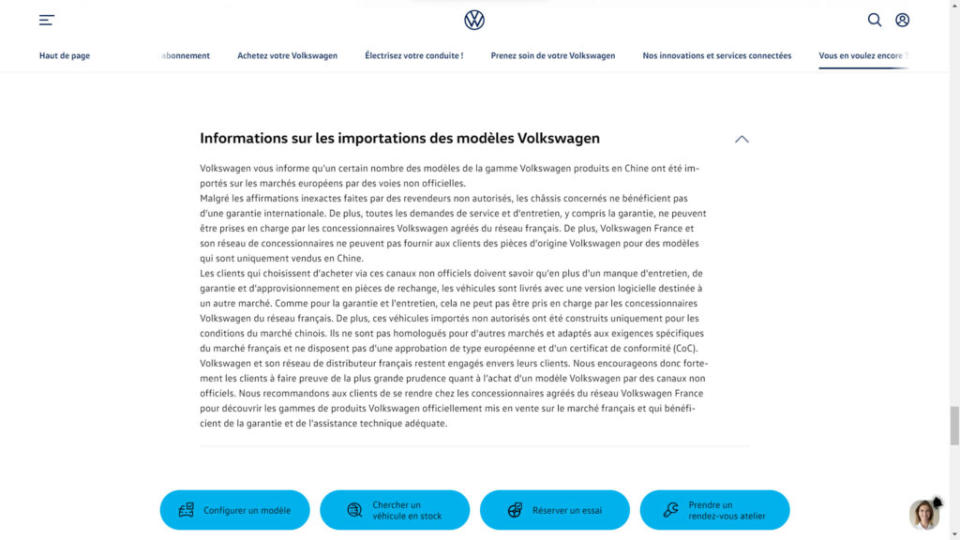 Message d'information Volkswagen  // Source : Capture du site Volkswagen